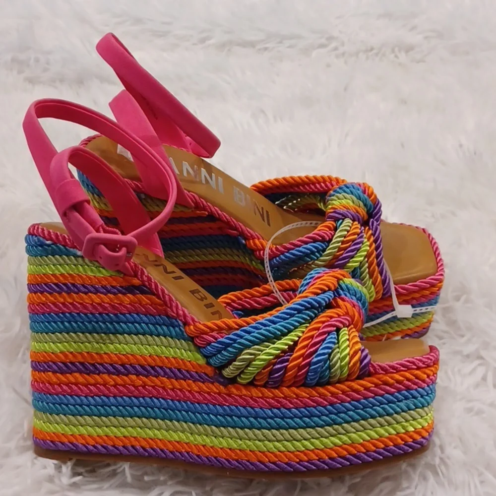 Gianni Bini Rainbow Striped Platform Sandals with Pink Straps